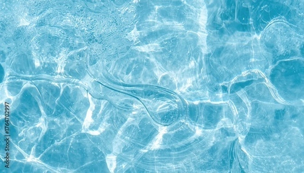 Fototapeta Abstract blue summer backdrop with transparent water texture featuring ripples and splashes. Sunlit water waves from a top perspective with copy space. Skincare products like moisturizer, micellar