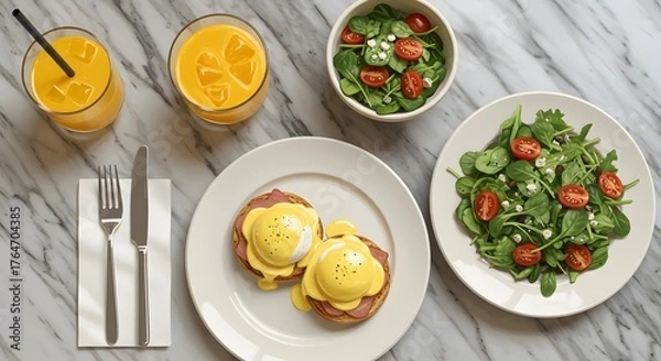 Obraz Elegant top-down view breakfast spread Eggs Benedict, salads, and orange juice on a marble surface