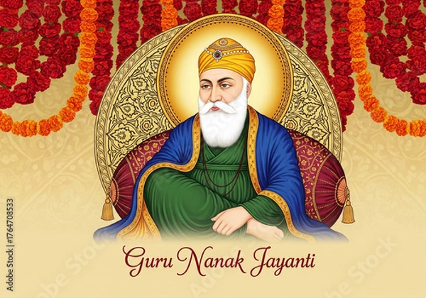 Fototapeta guru nanak jayanti festival illustration with guru nanak dev ji sitting on floral background