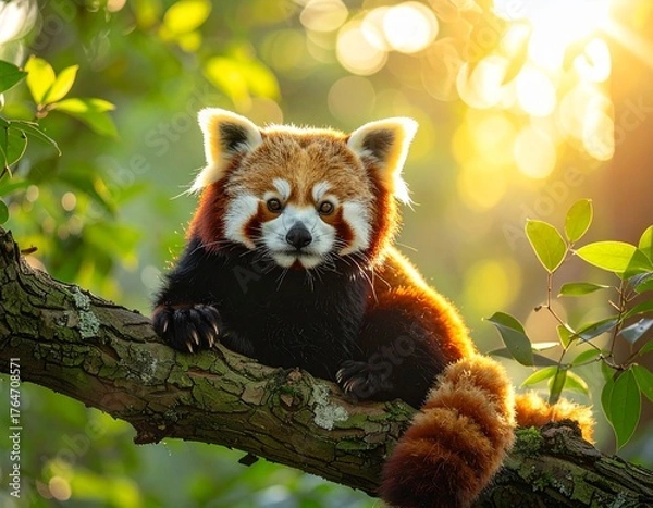 Fototapeta A red panda sitting comfortably on a thick tree branch, surrounded by green leaves, sunlight filtering through the forest, relaxed and cute expression