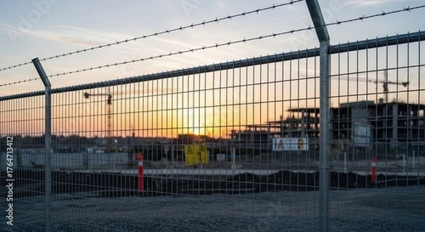 Obraz A construction site with a fence and cranes at sunset.