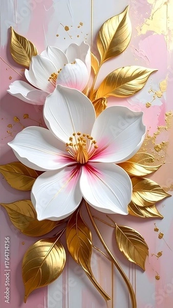 Obraz Elegant white blossoms with gold-leaf foliage against a soft pink & gold abstract background