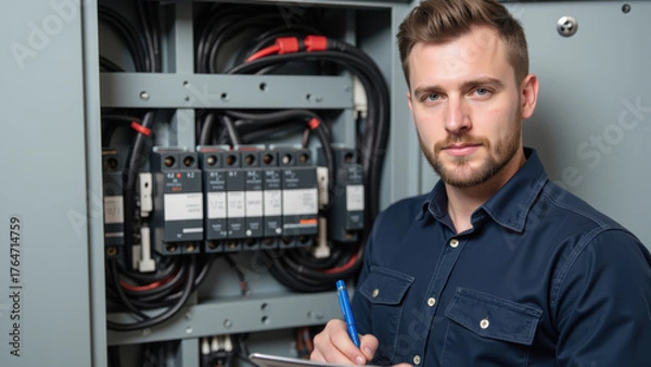Fototapeta Professional electrician inspecting circuit breakers and taking notes in control panel. Focused on safety and efficiency in electrical systems