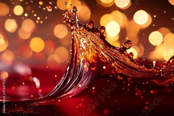 Obraz Illustration of close up shot of a splash of red wine with golden bokeh lights in the background