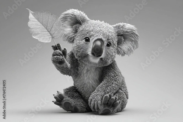 Fototapeta Adorable koala bear holding a leaf, embodying innocence and charm in a monochrome portrait perfect for heartwarming designs and nature-themed projects