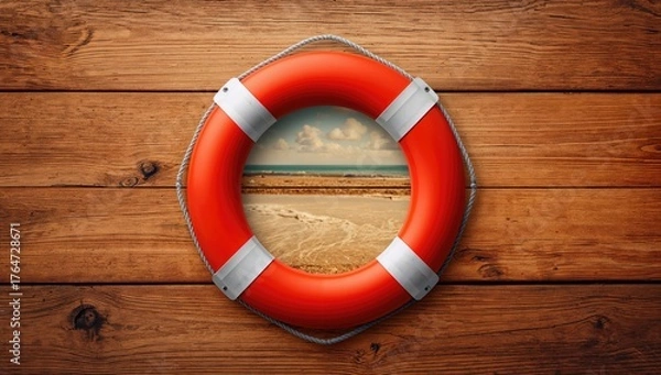 Fototapeta Life-saving Ring on Rustic Wooden Surface