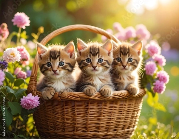 Obraz Three adorable kittens in a basket surrounded by flowers