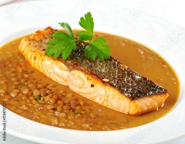 Obraz Pan-seared salmon fillet with lentil stew