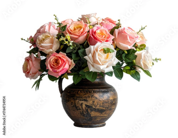 Fototapeta Cutout of an isolated bouquet of artificial roses in a rustic vase for weddings and home deco with the transparent png background