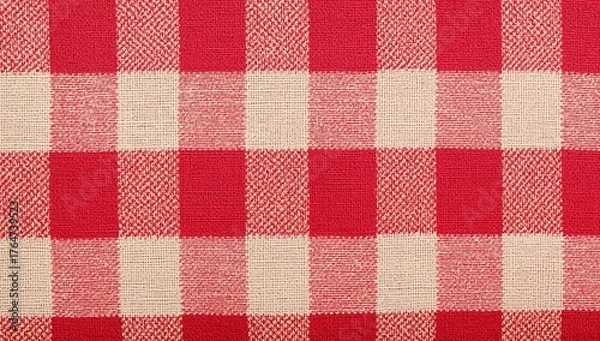 Fototapeta Close-up of a cotton textile featuring a red and white checkered pattern for sewing projects