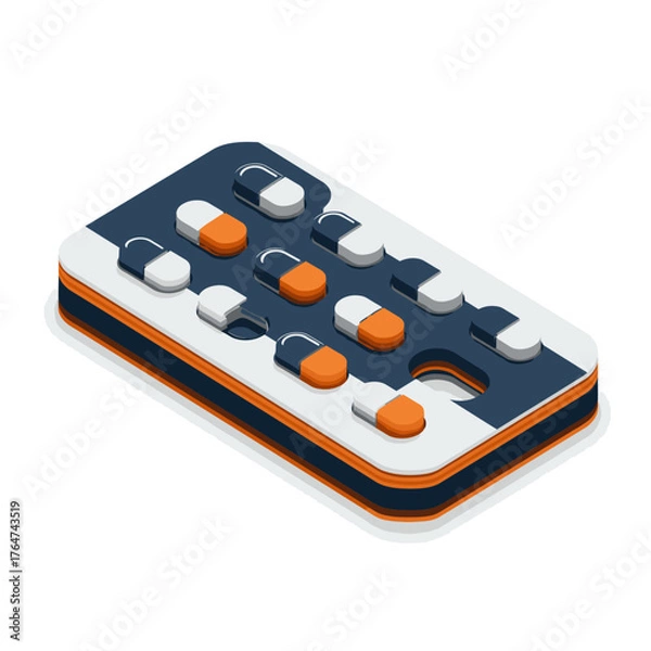 Obraz This clean isometric illustration depicts a modern blister pack containing orange and white capsules, representing essential medical treatment and pharmaceutical care.