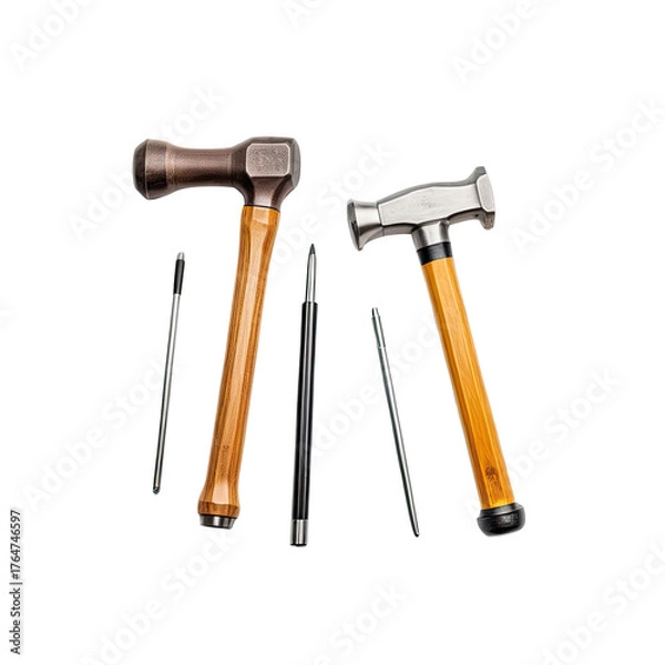 Fototapeta Two hammers with wooden handles, paired with four metal punches