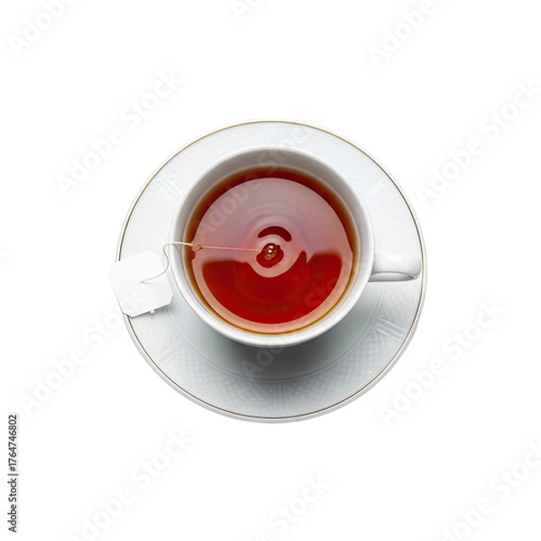 Fototapeta Overhead shot of a cup of tea with a teabag on a saucer, dark liquid