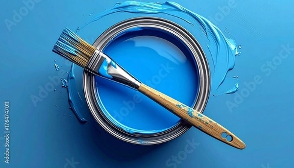 Fototapeta A vibrant perspective of a paint can with brush creating a splash of blue colors