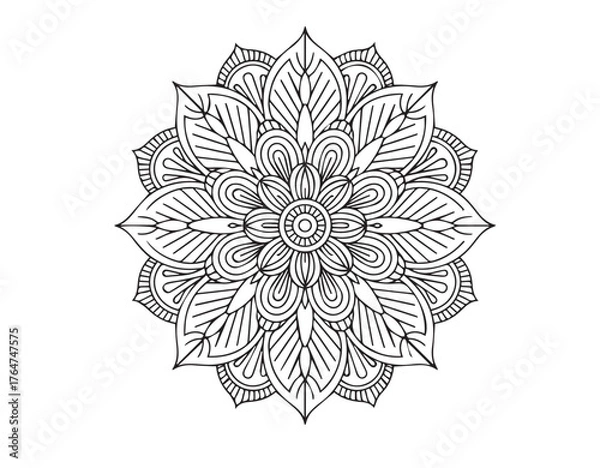 Fototapeta Black line art creates an ornate mandala pattern with symmetrical and geometric elements against white