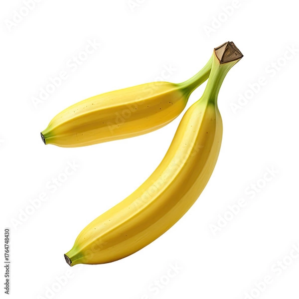 Fototapeta Two ripe bananas, one curved, against a stark black background