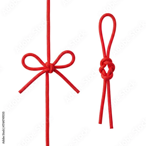 Fototapeta Close-up of two red knotted ropes, one a bow, the other a loop