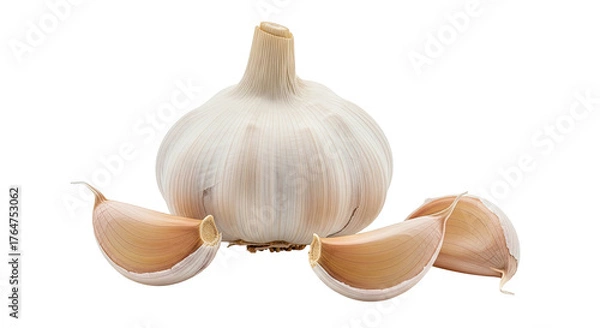 Fototapeta A head of garlic with three cloves set against a black backdrop