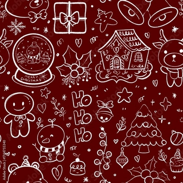 Obraz Christmas Doodle Seamless Pattern Cute Hand Drawn Holiday Design