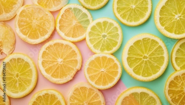 Fototapeta Pattern of lemon slices on a bright colorful backdrop. Simple flat lay food design