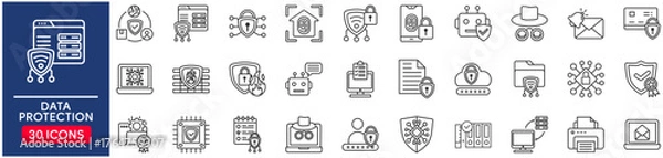 Fototapeta Data protection Web Icon Set in Line Style. vector illustration concept relate to protect, protection, design, key, icon, phone, computer, mobile, laptop, cyberspace