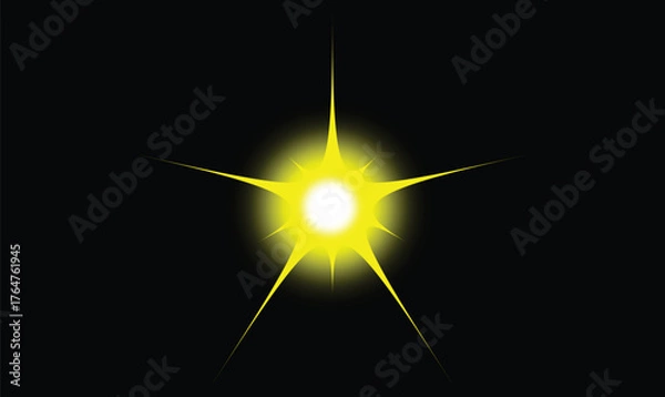 Fototapeta Bright Glowing Yellow Starburst Light Effect on Black Background – Radiant Energy Explosion or Magical Light Burst Illustration for Holiday, Sci-Fi, or Abstract Design Concepts