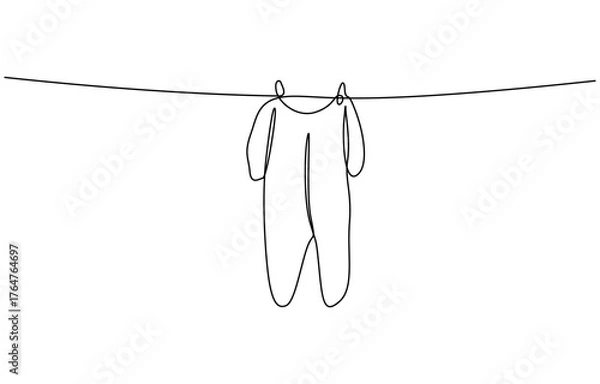 Fototapeta Continuous one line drawing clean clothes hanging on a rope. Laundry service concept. Editable outline