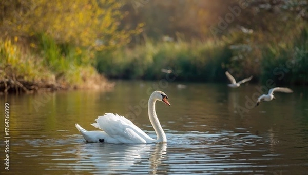 Fototapeta Beautiful white swan gliding on a river in springtime