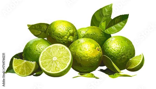 Fototapeta Juicy green limes with leaves, some cut, on a black background, lit with bright highlights, food still-life