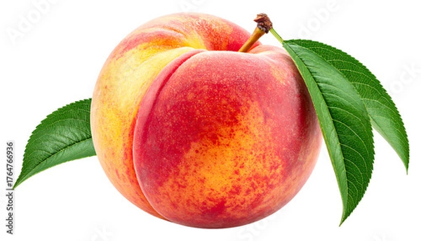 Fototapeta Juicy peach with vibrant red, yellow, and orange hues, accented by green leaves, sits on a black background