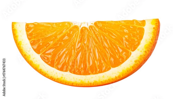 Fototapeta Juicy vibrant orange slice, a curved wedge, reveals the segmented pulp against a stark black background