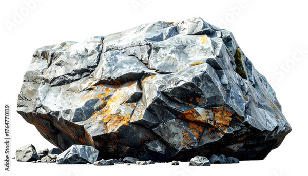 Fototapeta Large, gray rock formation with orange lichen and small pebbles isolated on black