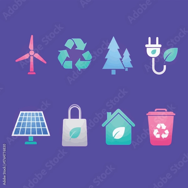 Obraz Vector illustration of set of colorful flat icons representing renewable energy, recycling, and ecofriendly living on a purple background