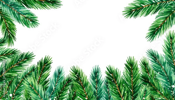 Fototapeta Lush green fir branches frame a dark void. Evergreen border with needles are brightly-lit