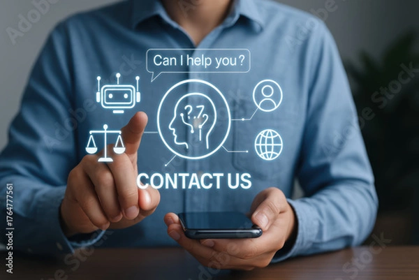 Obraz Contact us interface displayed on smartphone, featuring icons of chatbot, scales of justice, and globe, symbolizing assistance and communication in modern digital context