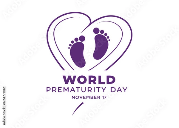 Fototapeta World Prematurity Day Illustration with Baby Footprints and Heart Shape on November 17th Awareness Campaign purple	
