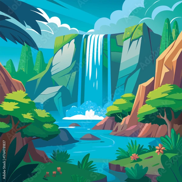 Fototapeta Lush Cartoon Waterfall Landscape