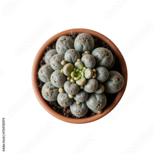 Fototapeta Top down view shows a potted succulent plant with round textured leaves and a cluster of light green buds in the center