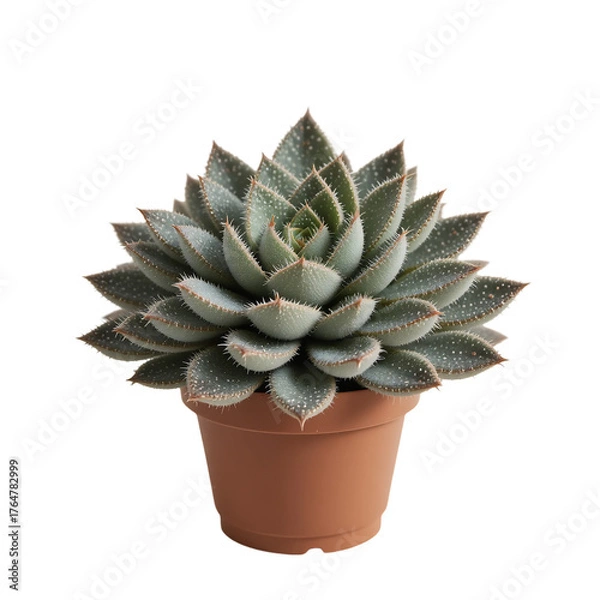 Fototapeta Close Up Shot Of A Green Succulent Plant With White Spots In A Brown Pot Against A Transparent Background
