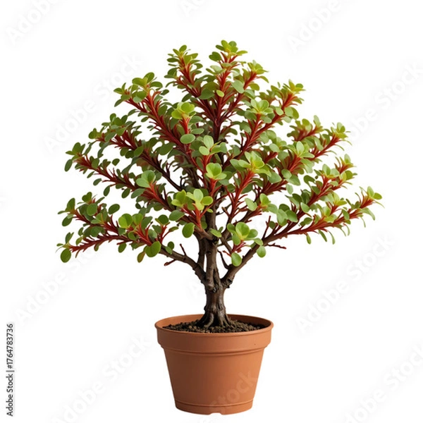 Fototapeta Bonsai style tree with green leaves and red stems in a brown pot isolated on black Transparent background