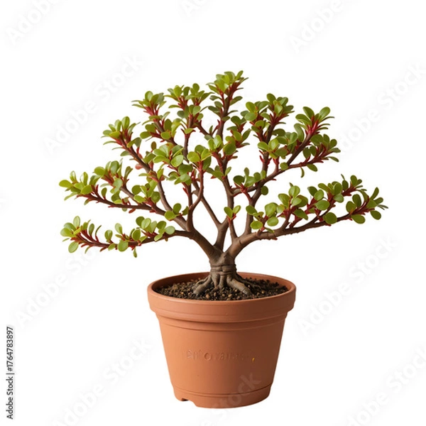 Fototapeta Miniature Bonsai Tree With Green Leaves And Reddish Stems In A Brown Ceramic Pot Centered Against A Transparent Background