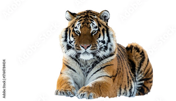 Fototapeta Majestic tiger, orange stripes, lies relaxed, frontal portrait with black background isolation