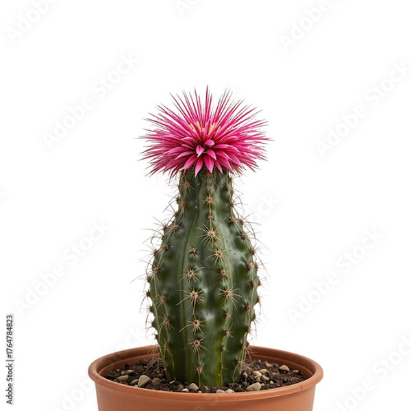 Fototapeta Green Cactus With Pink Flower In Brown Pot Against A Solid Transparent Background The Cactus Has White Thorns And Is In Bloom