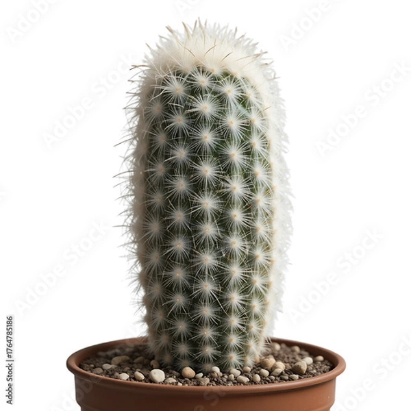 Fototapeta Mammillaria Bocasana Cactus In A Brown Pot Filled With Soil And Small Rocks Against A Plain Transparent Background