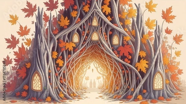 Fototapeta Enchanted Autumnal Treehouse Portal with Glowing Lights and Falling Leaves.