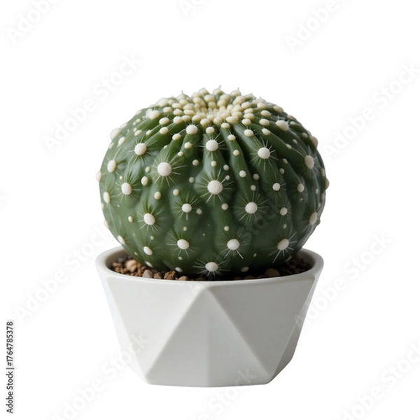 Fototapeta Green Cactus With White Dots In A White Geometric Pot Small Brown Rocks Centered Composition Against A Transparent Background
