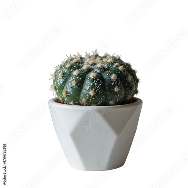 Fototapeta Green Cactus With White Spots In A White Geometric Pot Against A Transparent Background
