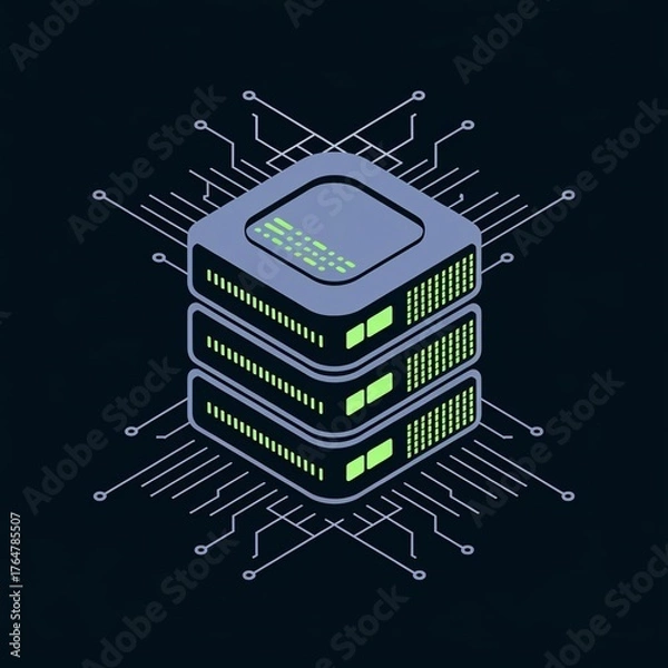Fototapeta Isometric Server Stack with Circuit Board Connections Illustration.