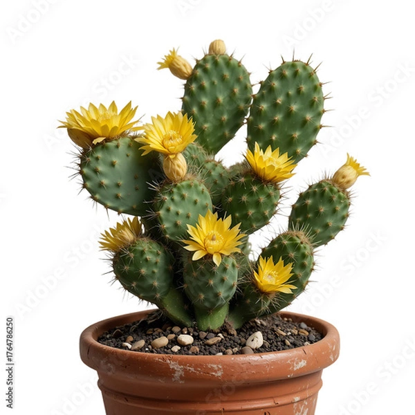 Fototapeta Prickly Pear Cactus In A Pot Showing Several Bright Yellow Flowers Against A Solid Transparent Background