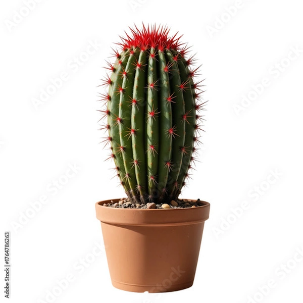 Fototapeta Barrel Cactus In A Terracotta Pot Showcasing Green Ribbed Body And Vibrant Red Spines Against A Stark Transparent Background